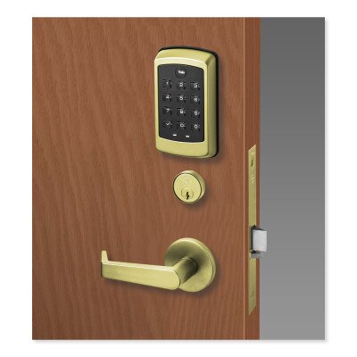 Yale nexTouch Mortise Lock Z-Wave Plus v2 Pushbutton Cylinder Override, Augusta Lever, Polished Brass